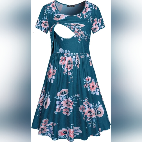 Quinee Women's Blue Floral Short Sleeve Maternity Nursing Breastfeeding Dress - Picture 2 of 7